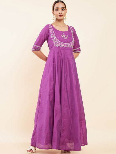 Classic Floral Embroidered Anarkali - Purple