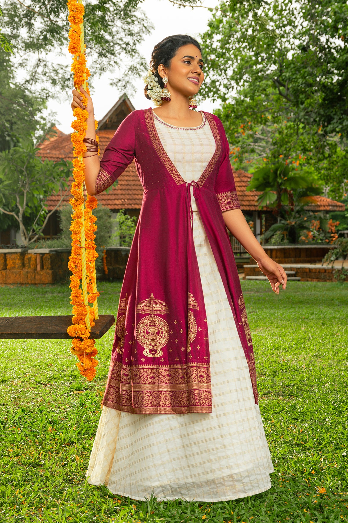 Kathakali Printed Layered SKirtset with Jacket - Off-White & Magenta