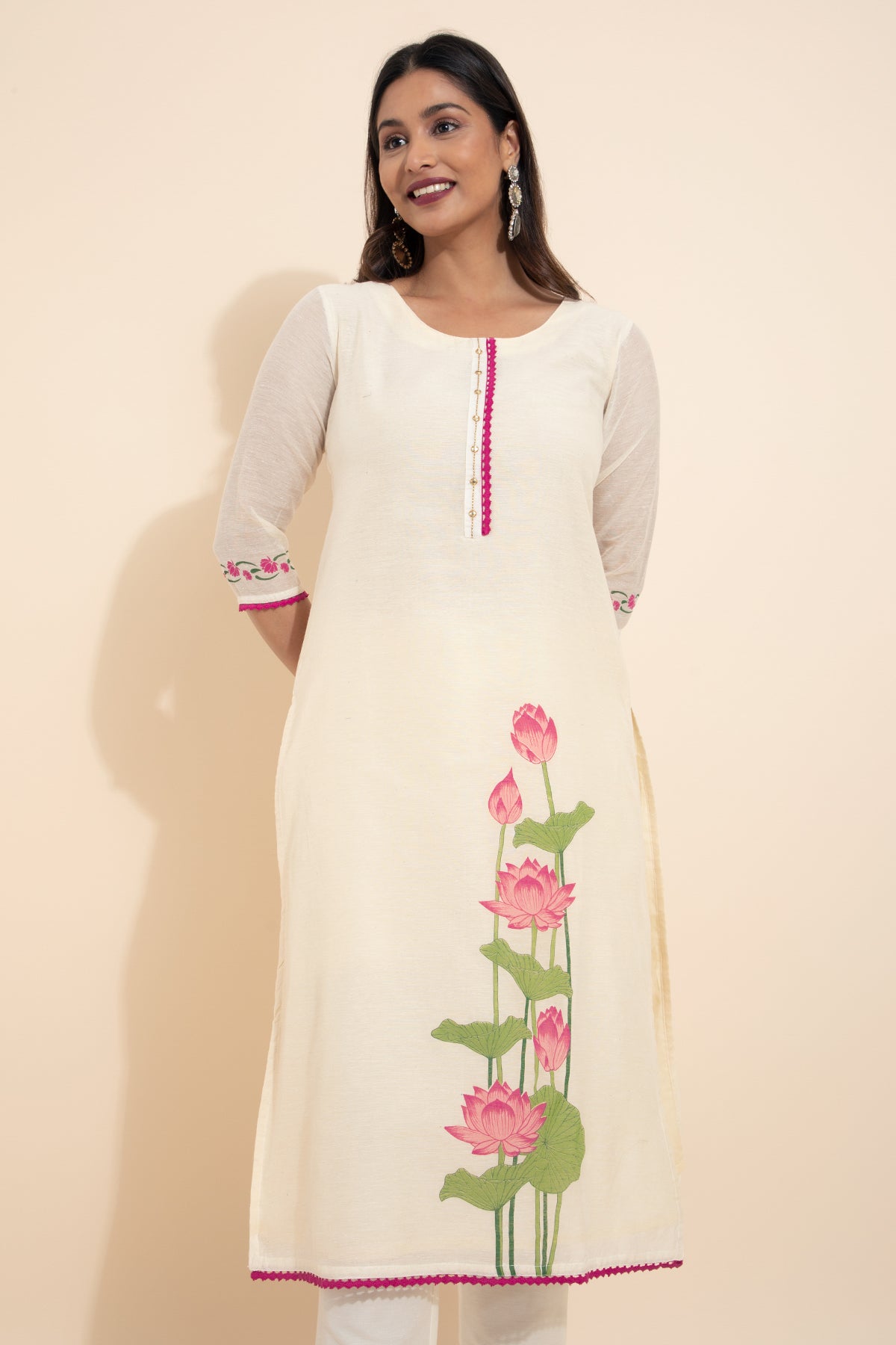 Lotus Placement Printed Kurtaset with Dupatta - Off-White & Pink