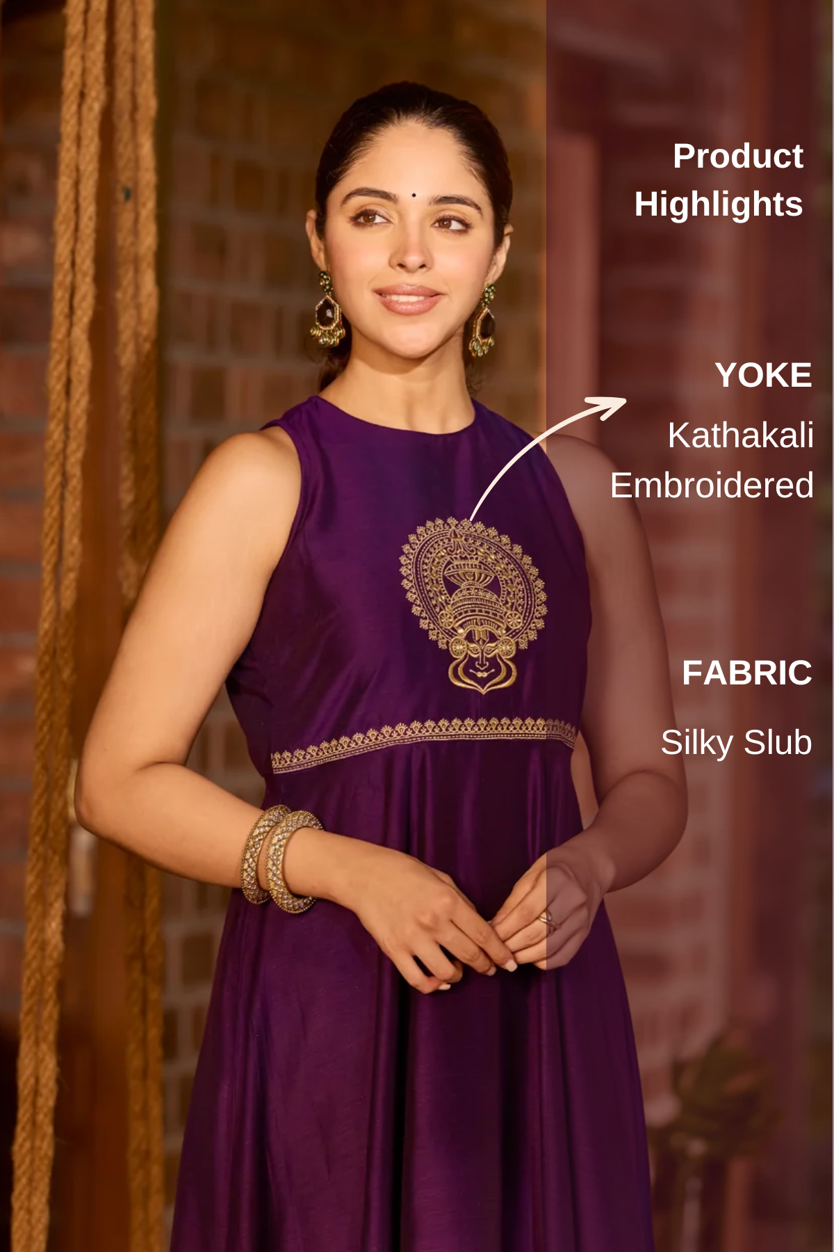 Purple A-Line Anarkali with Kathakali Embroidery & Halter Neck