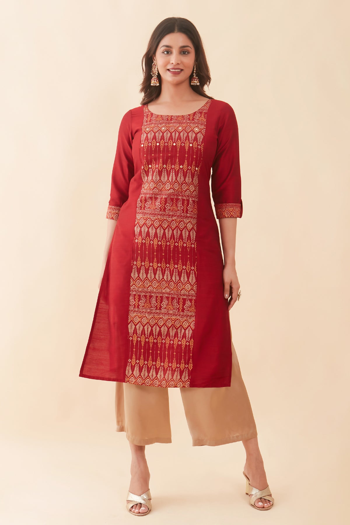 Ikkat Printed With Foil Mirror Embellished Kurta Red