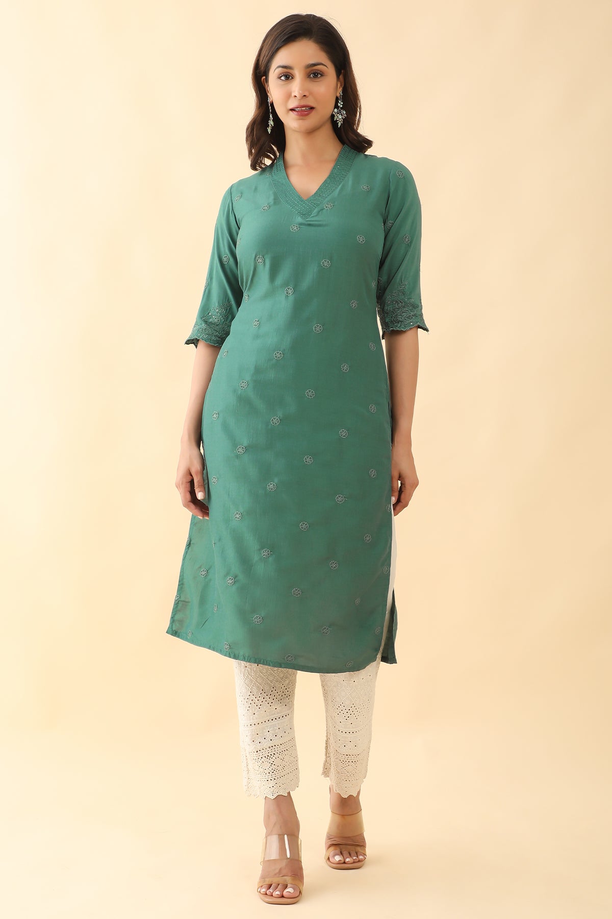 All Over Floral Embroidered Kurta Green