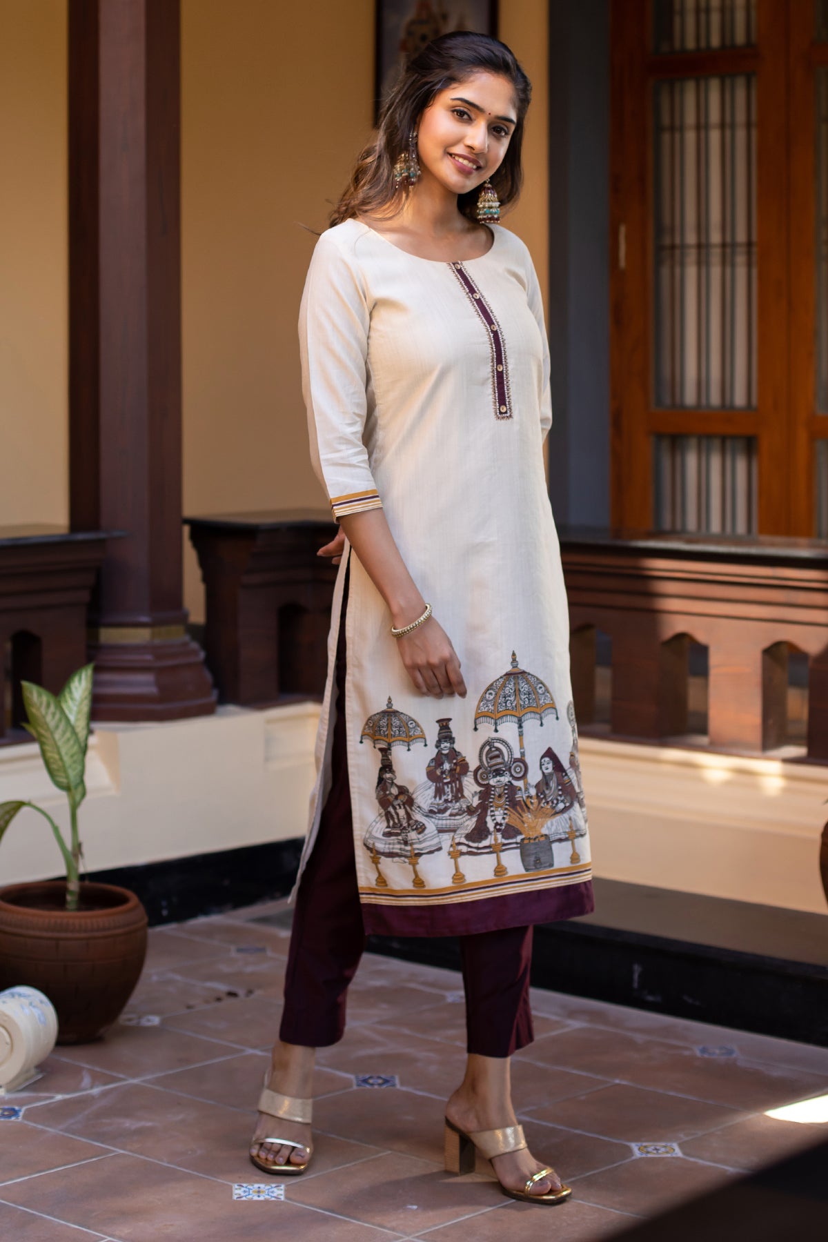 Geometric Motif Embroidered With Kathakali Inspired Placement Printed Kurta Brown