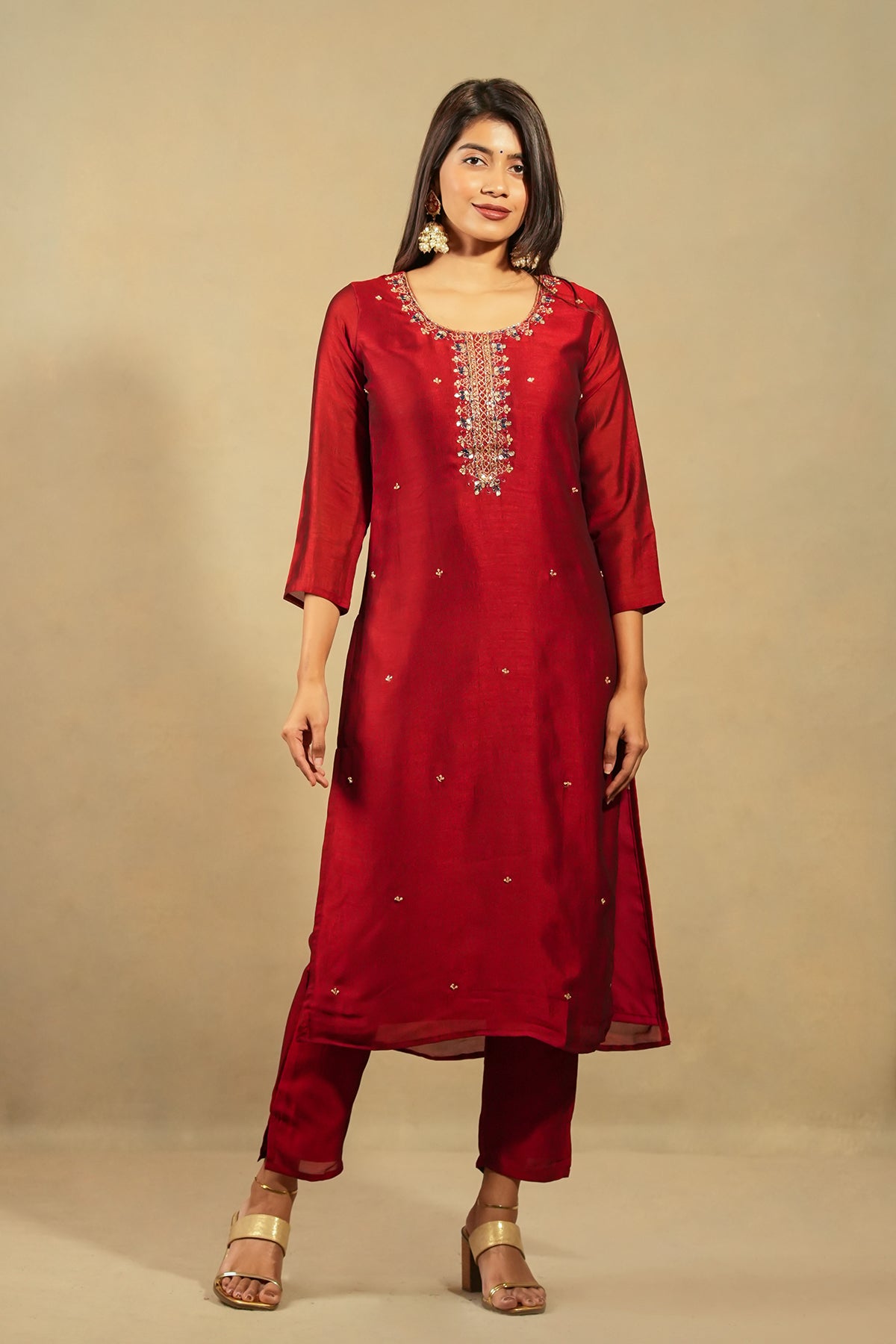 Floral Embroidered Aari Work Kurta Set With Embellished Dupatta - Red