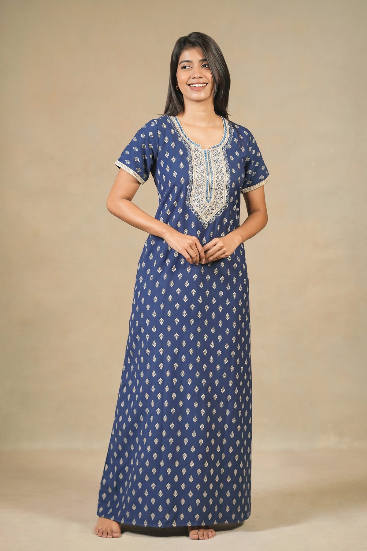 Floral Embroidered Yoke Mirror Embellished Printed Nighty Blue