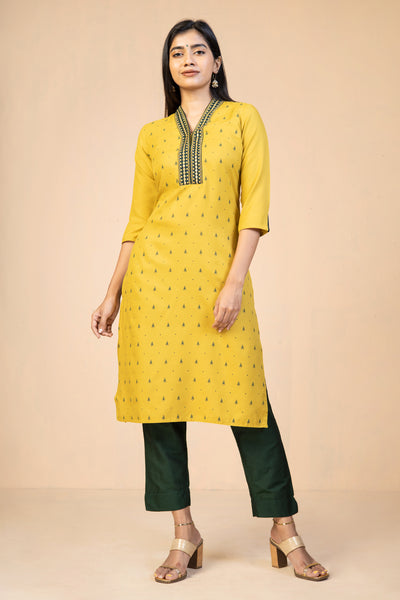 Geometric Motif Embroidered With All Over Butta Printed Kurta Yellow