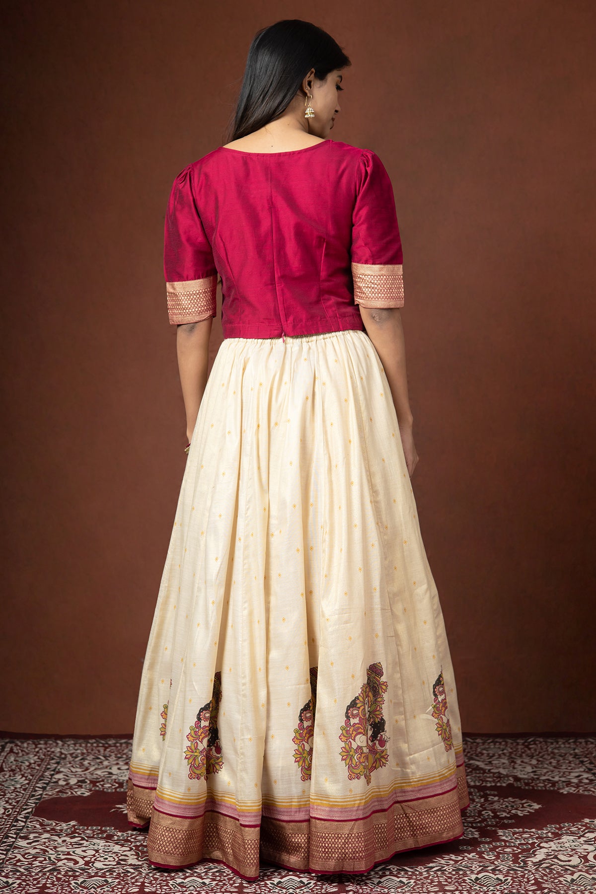 Kundan Stone Embellished Crop Top & Mural Printed Skirt Set - Pink & Off-White