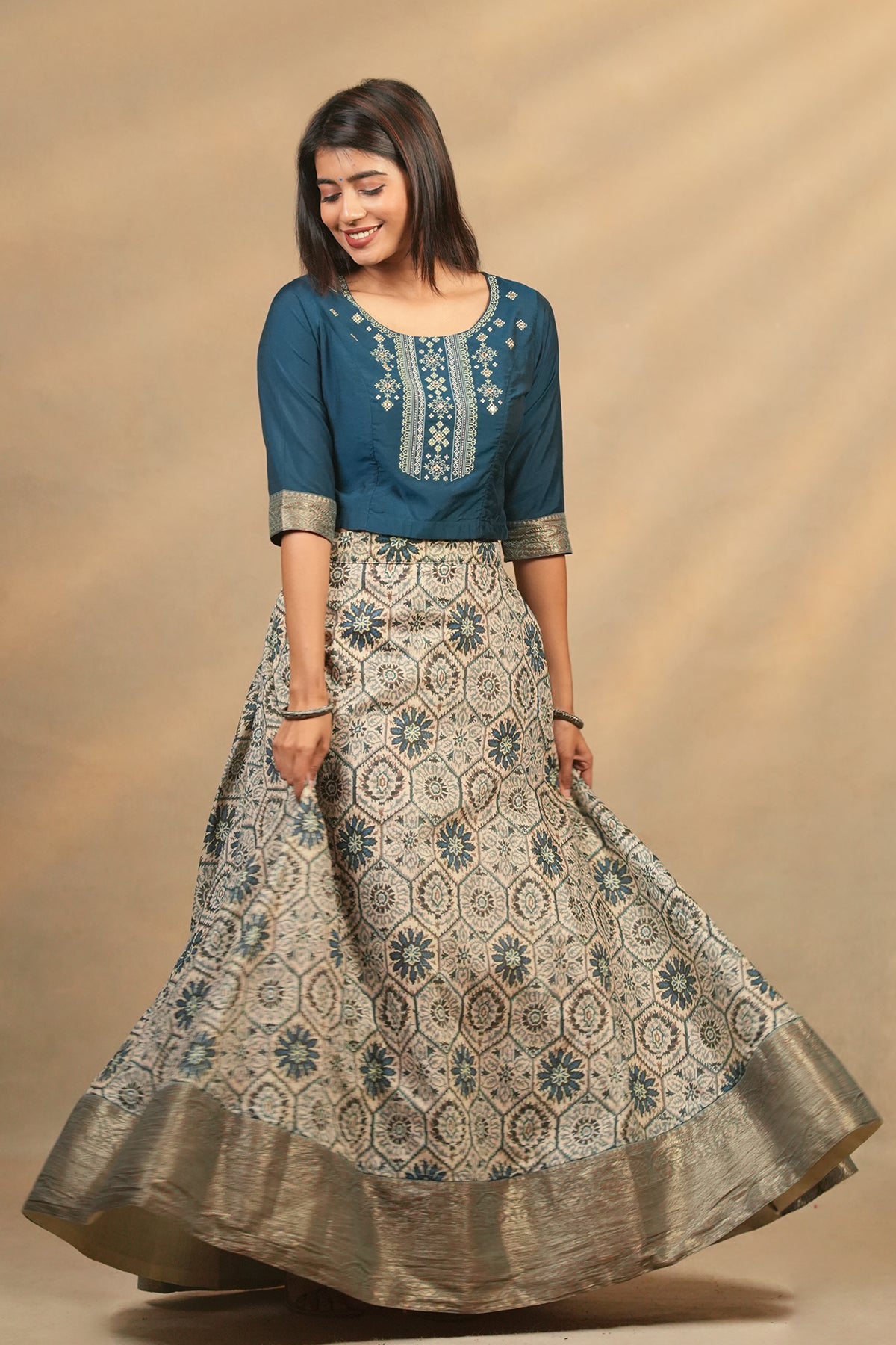 Geometric Embroidered Top Digital Printed With Zari Border Skirt Set Blue