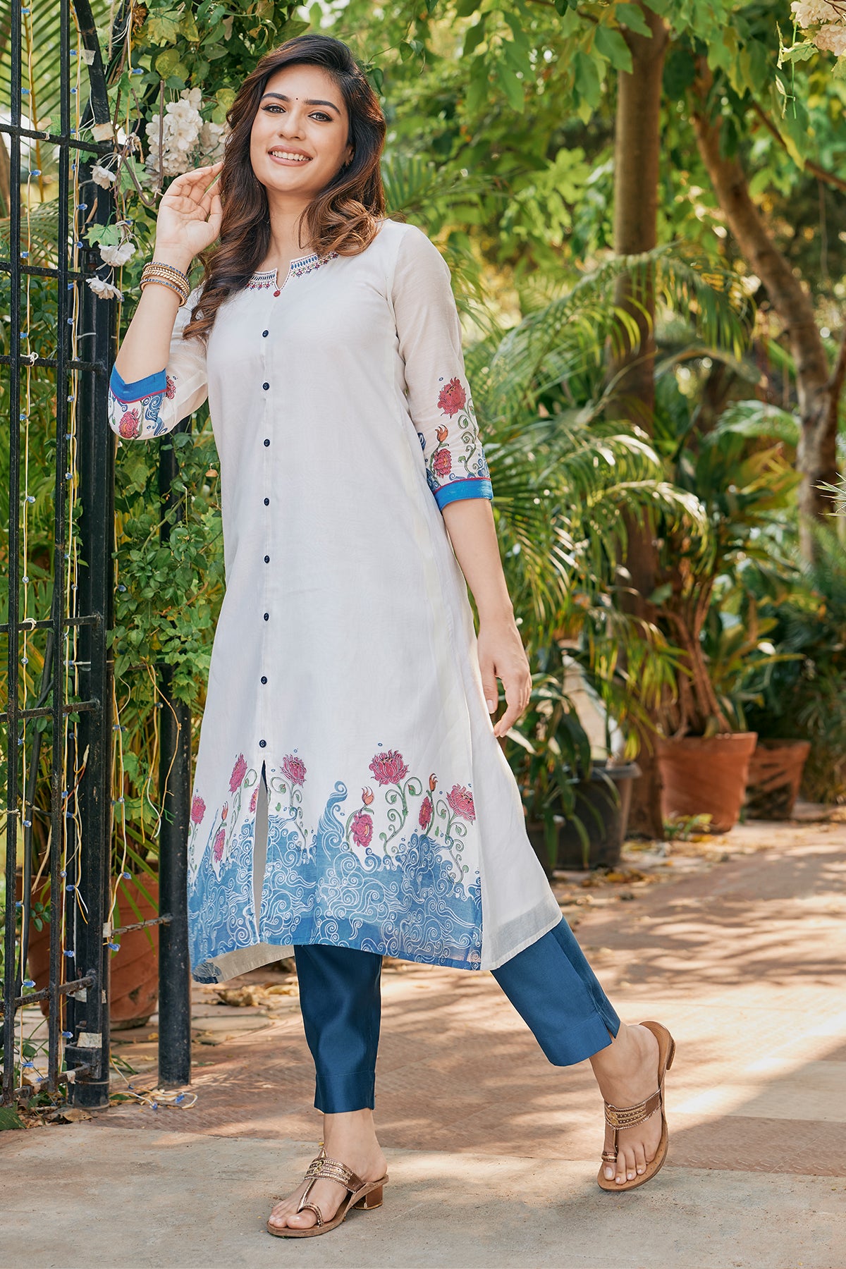 Contrast Floral Printed With Neck Embroidered Kurta White