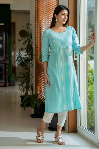 All Over Geometric Motif Dobby Weave With Lace Embellished Kurta - Blue