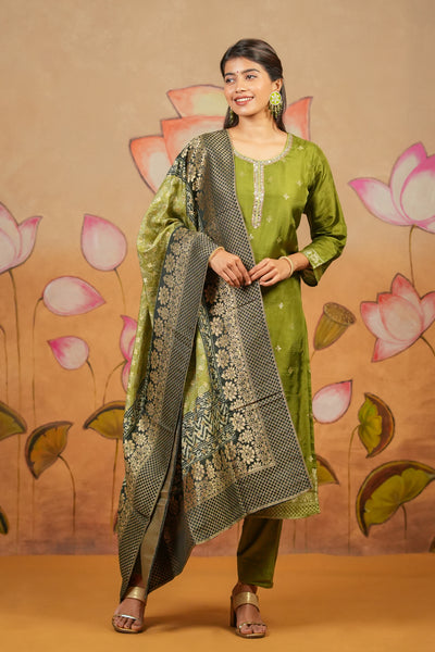 Allover Floral Weave With Mirror & Sequin Embroidered Kurta Set With Brocade Dupatta - Green