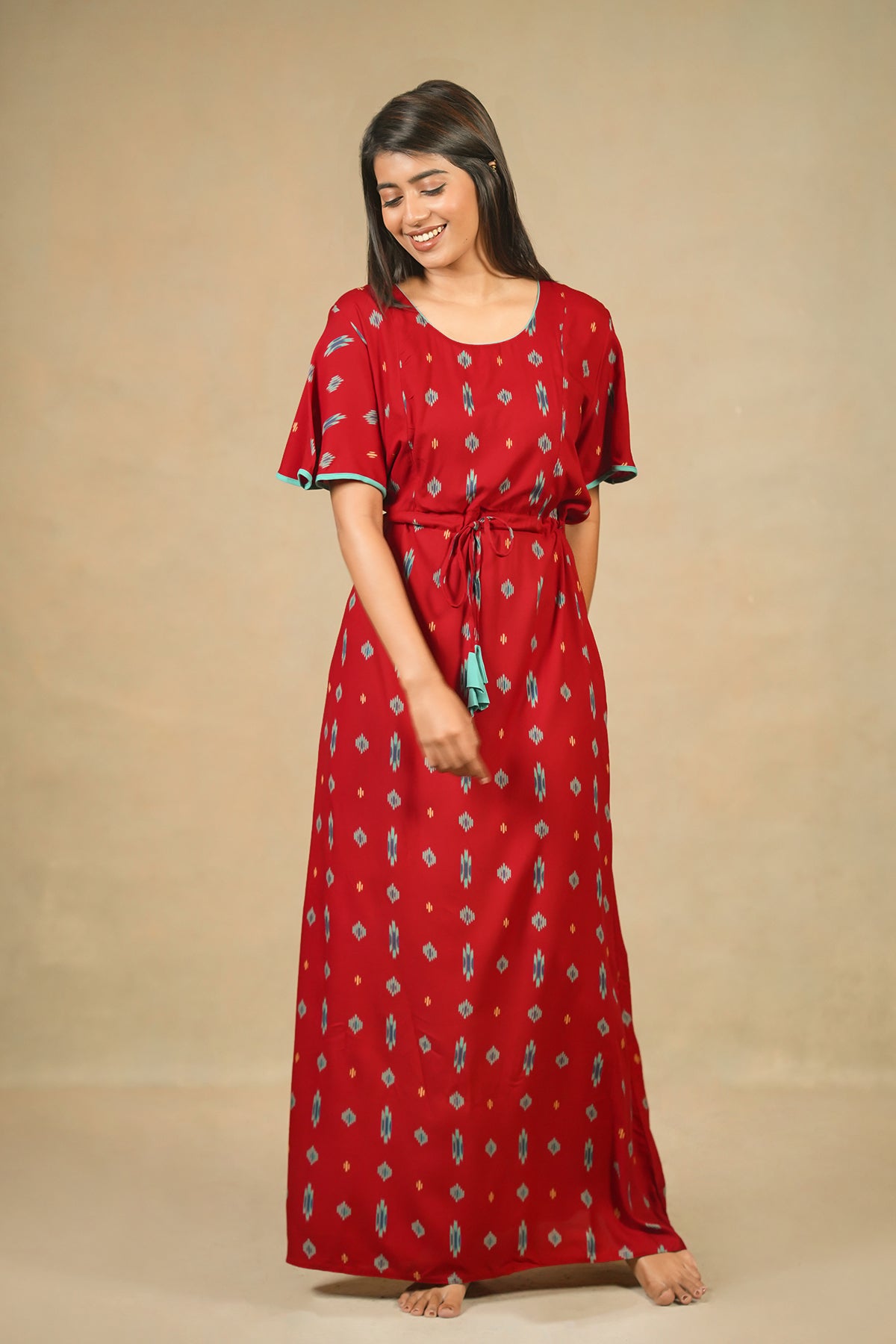 Allover Ikkat Printed Nighty - Red