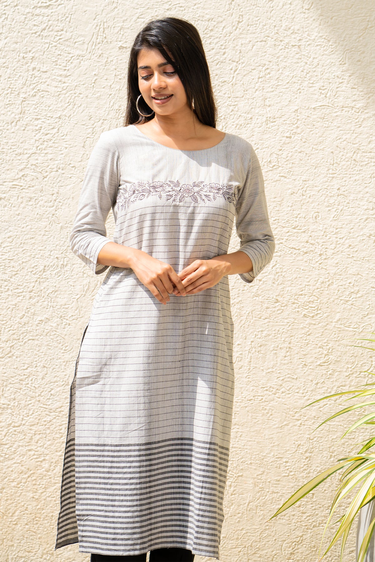 Floral Embroidered With Strips Printed Kurta - Grey