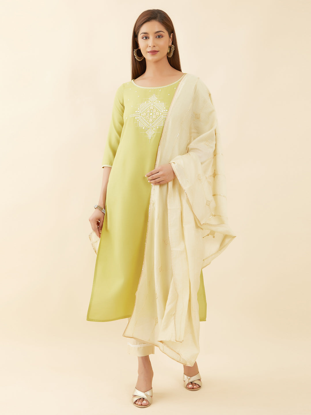 Geometric Embroidered Yoke Kurta Set With Embellished Dupatta - Green & Beige