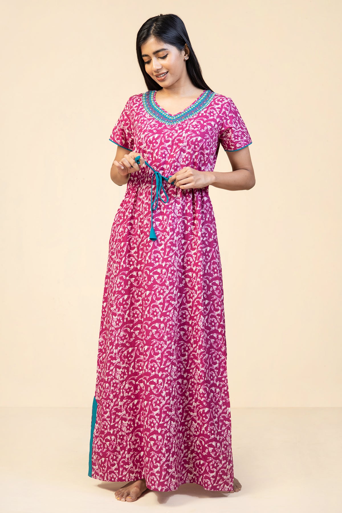 All Over Batik Printed with Embroidered Yoke - Pink