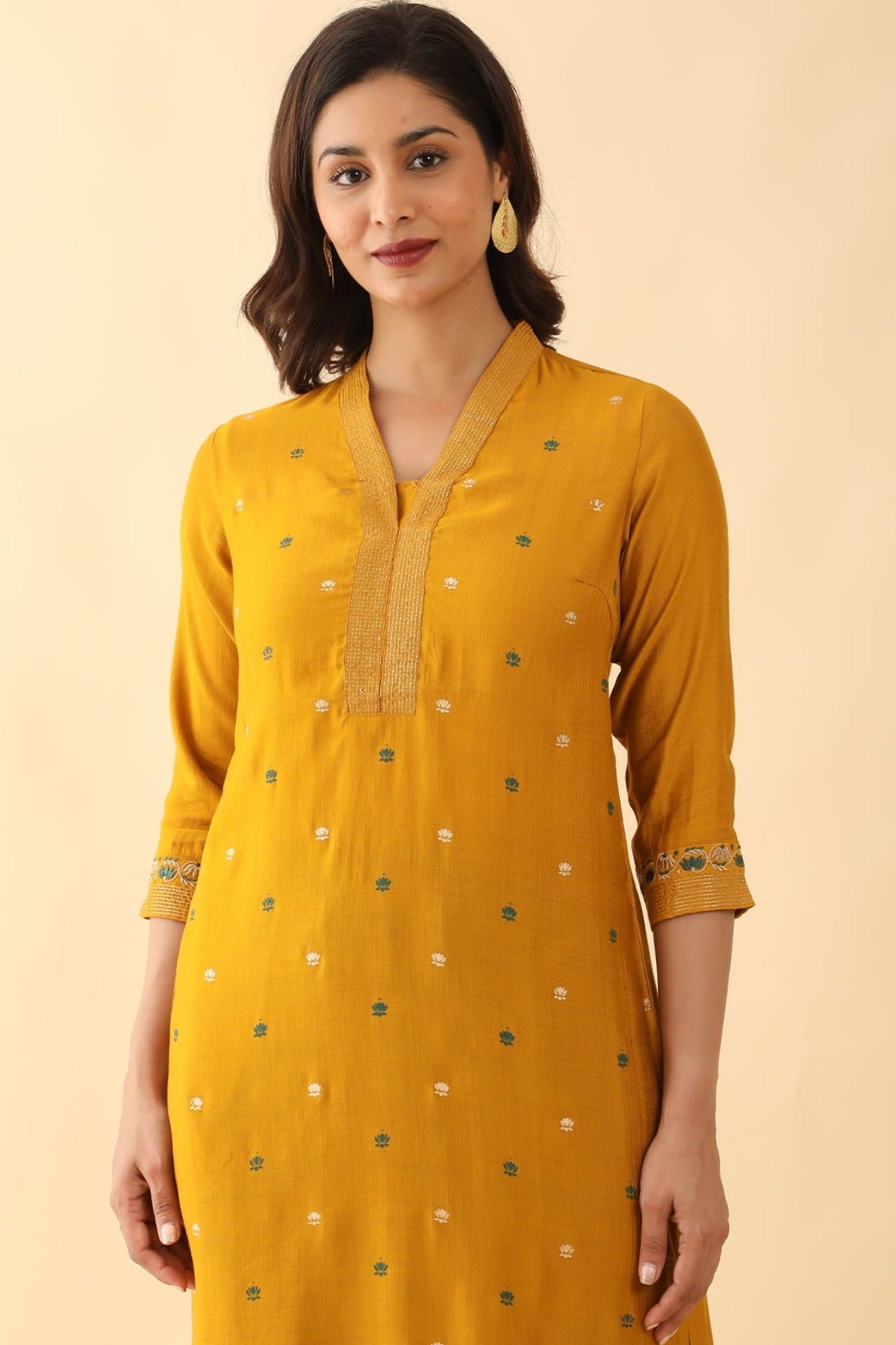 All Over Lotus Printed Embroidered Kurta Mustard