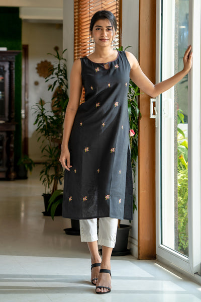 All Over Floral Embroidered Kurta - Black