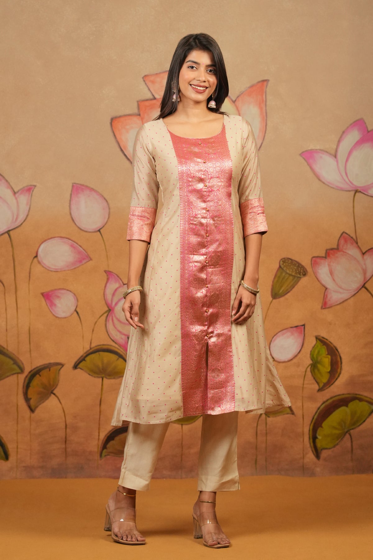 Allover Polka Dot With Silk Zark patchwork Kurta Beige