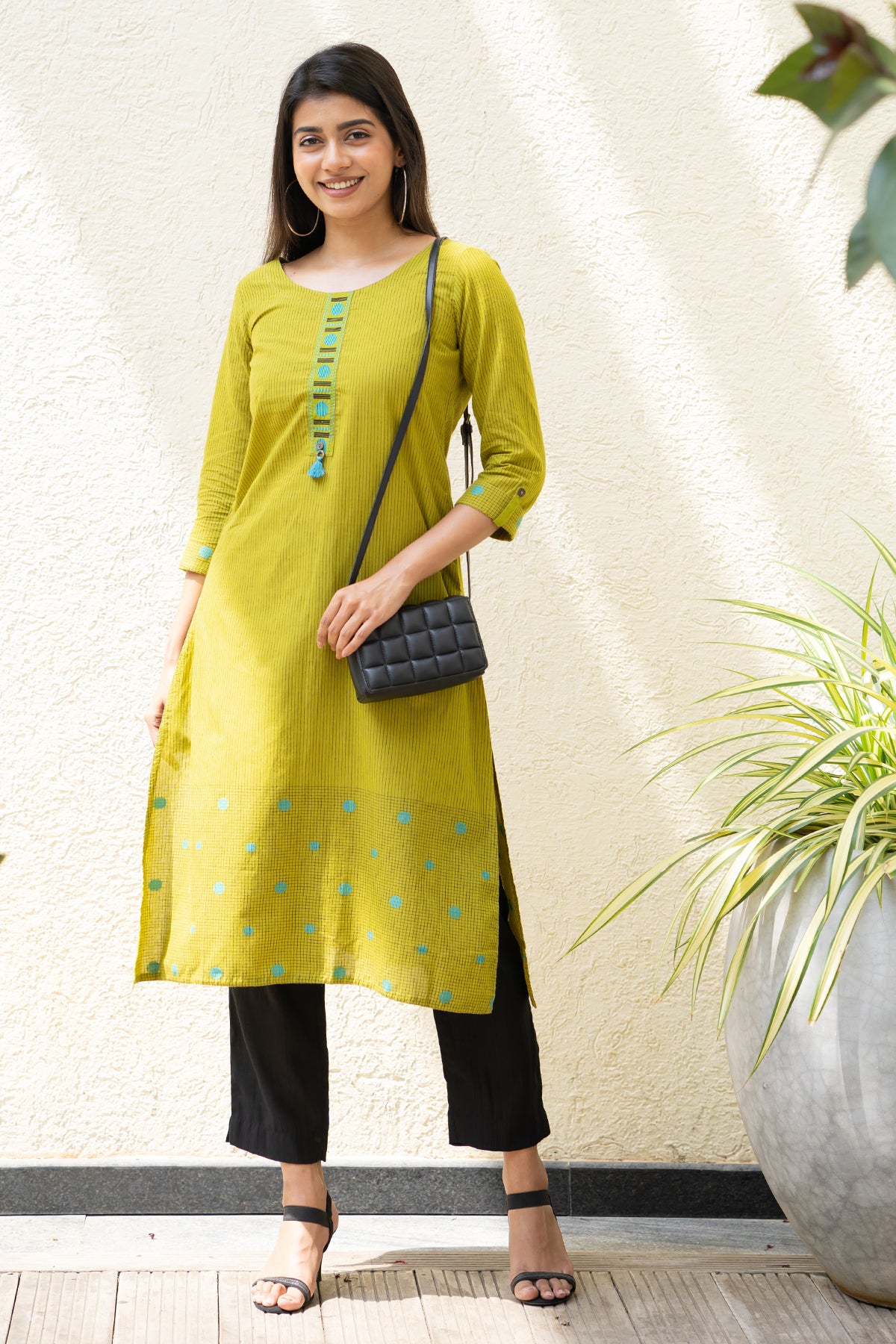 All Over Geometric Motif Dobby Weave Kurta Green