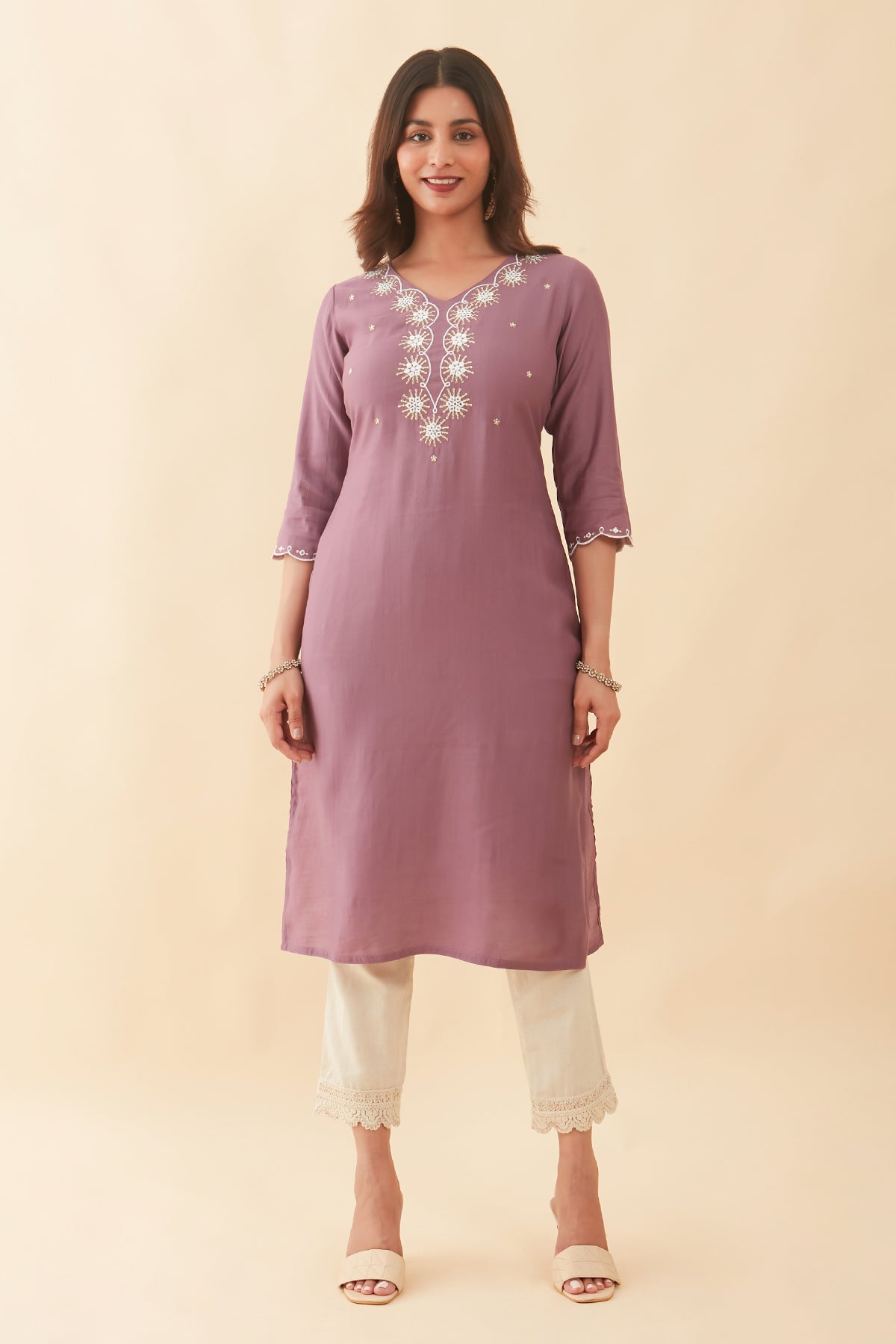 Floral Embroidered With Foil Mirror Embellished Kurta - Purple