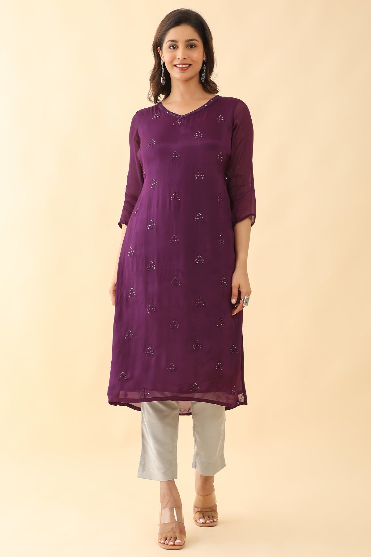 All Over Floral Embroidered With Foil Mirror Embellished Kurta Purple