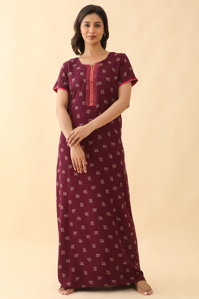 All Over Geometric Print With Embroidered Yoke Nighty - Maroon