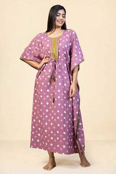 All Over Geometric Printed With Floral Embroidered Yoke Kaftan Nighty - Pink