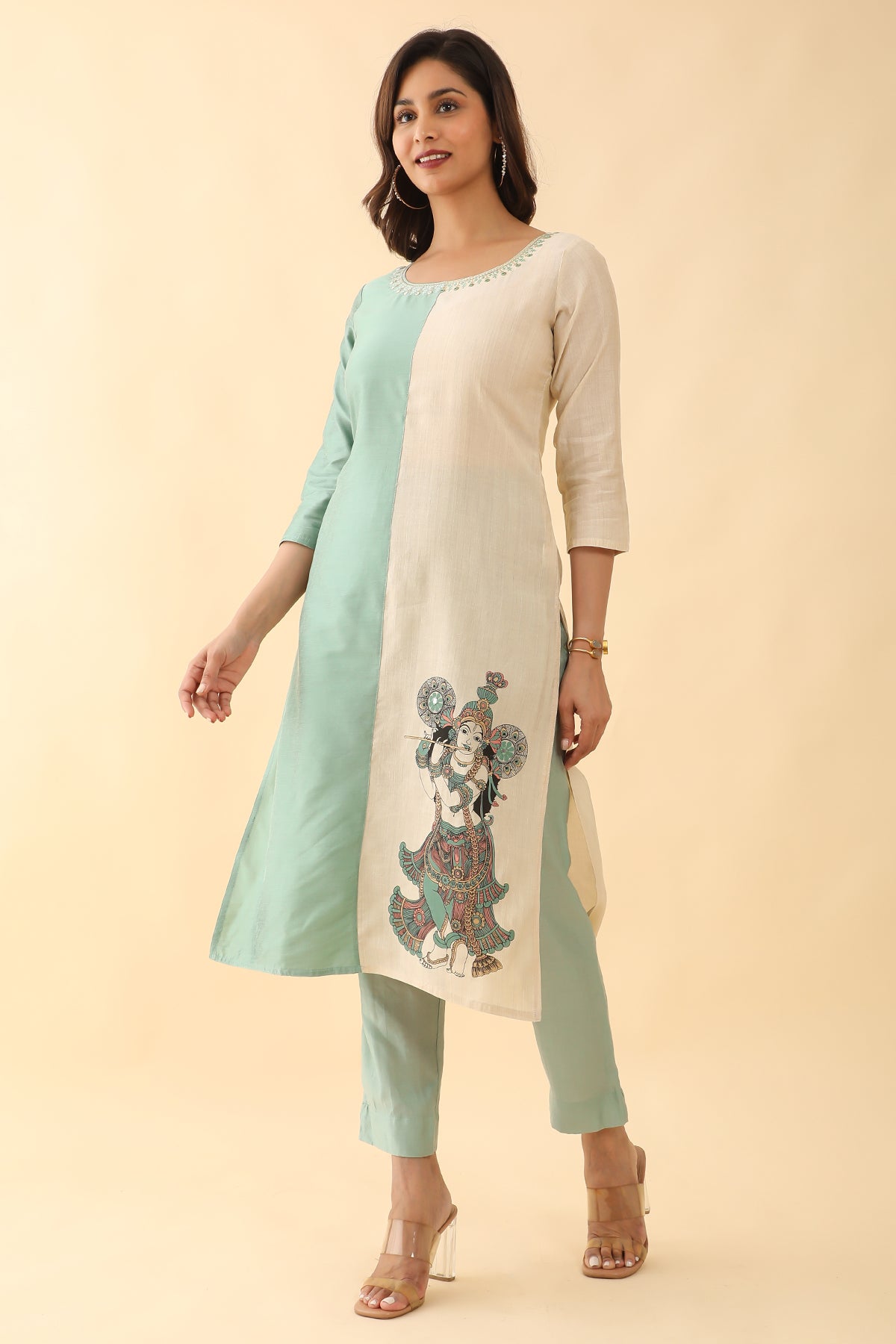 Foil Mirror With Mural Printed Color Block Kurta - Green