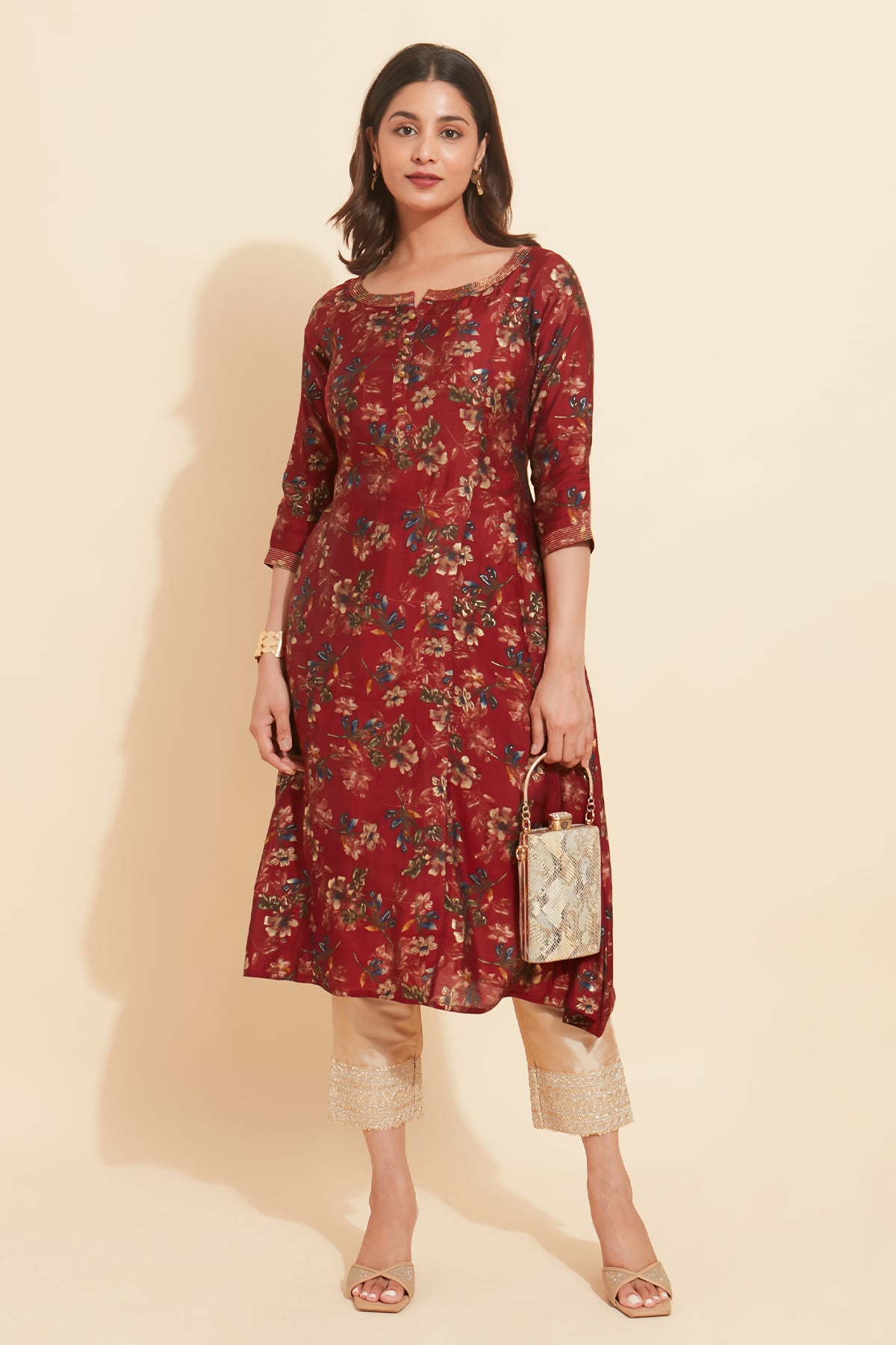 All Over Digital Floral Printed Kurta Maroon