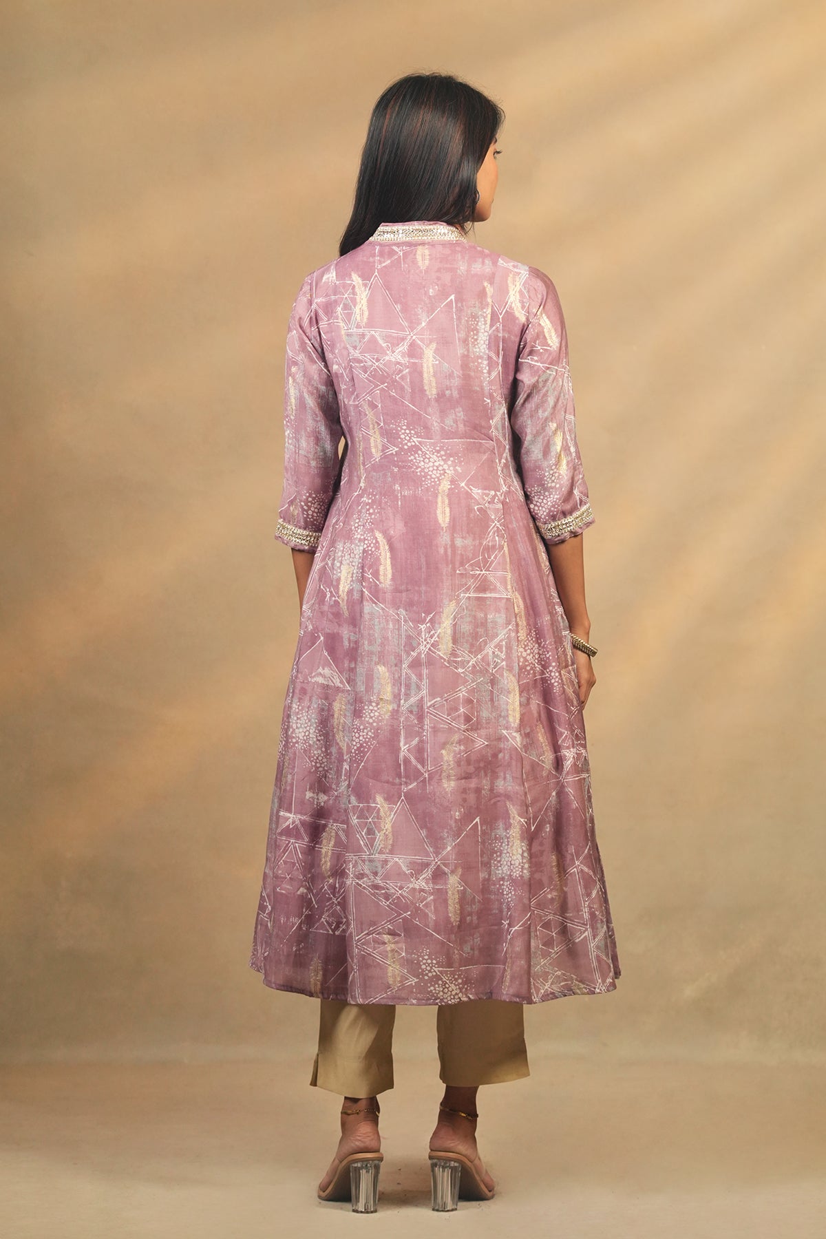 Allover Feather Printed Kurtaset With Sequins Embellished Dupatta - Purple & Beige