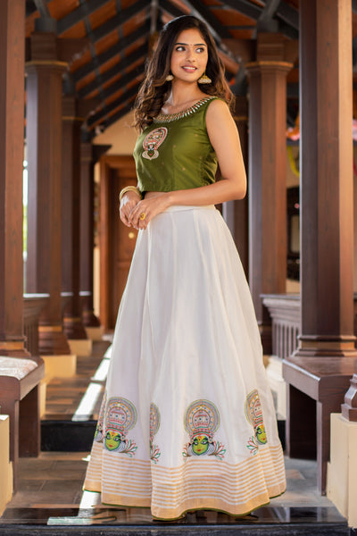 Kathakali Motif Placement Embroidered Crop Top & Printed Skirt Set - Green & Off-White
