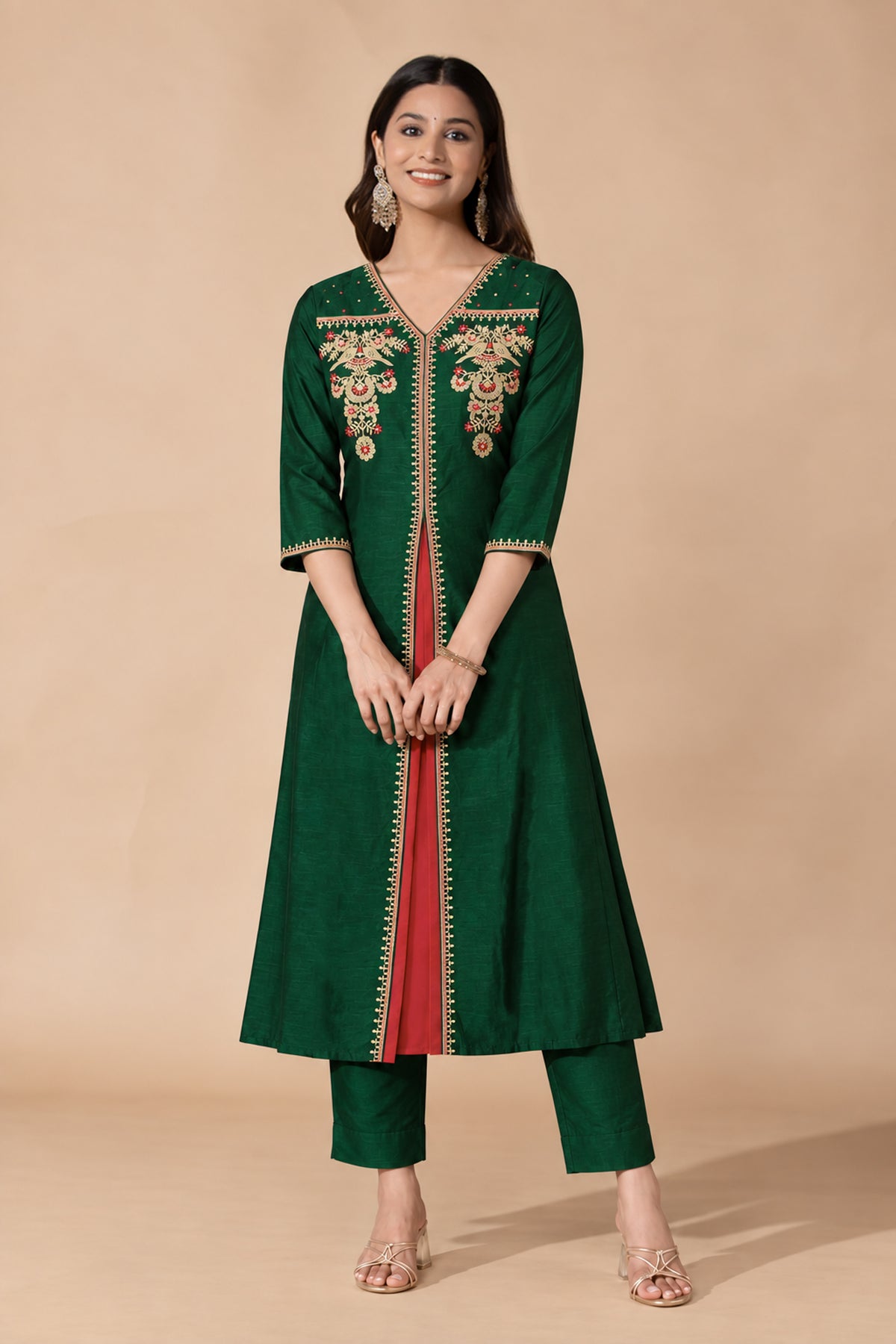 Green Bird Embroidered A-Line Festive Kurta with Front Slit