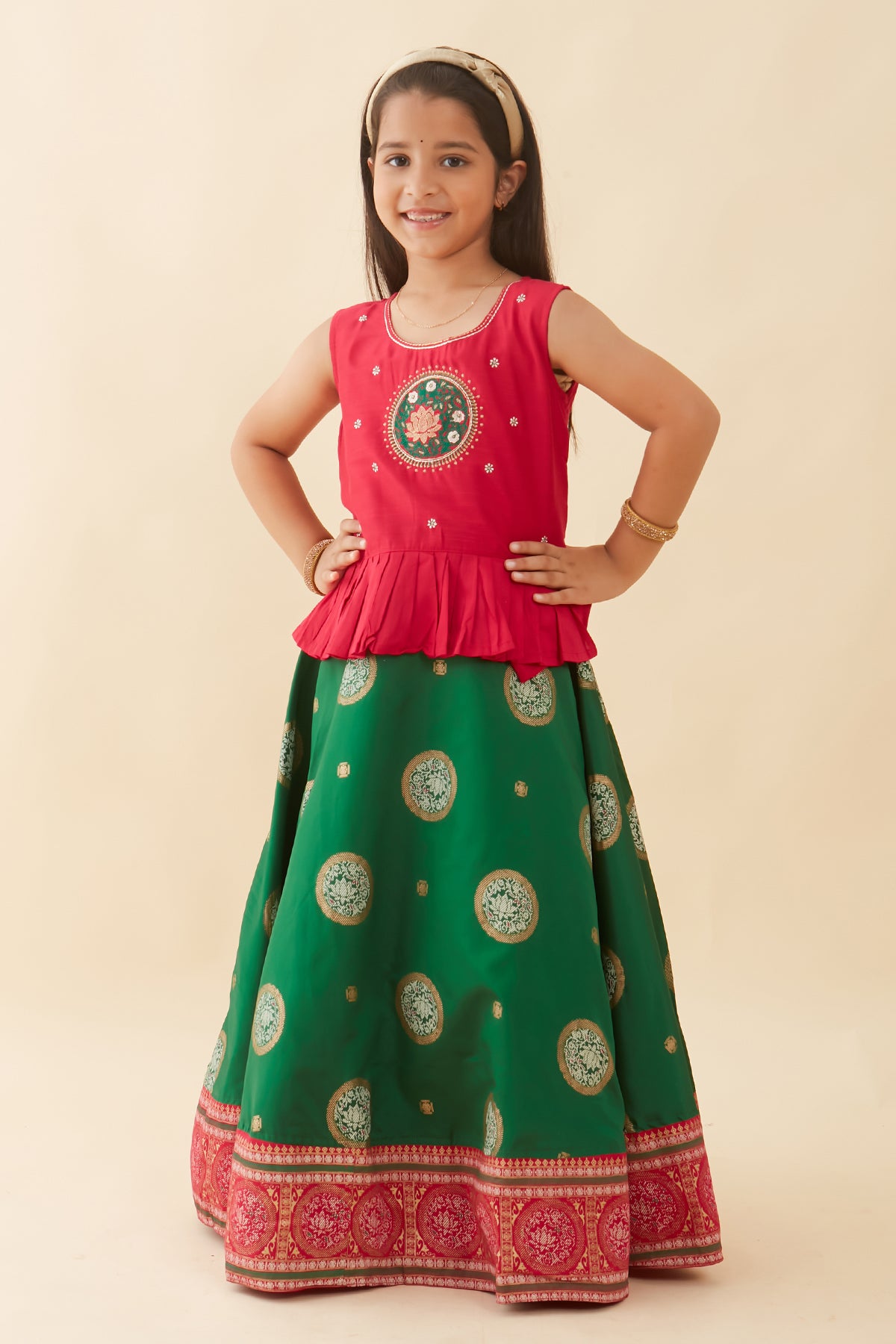 Contemporary Lotus Embroidered Printed Kids Skirt Set Pink Green