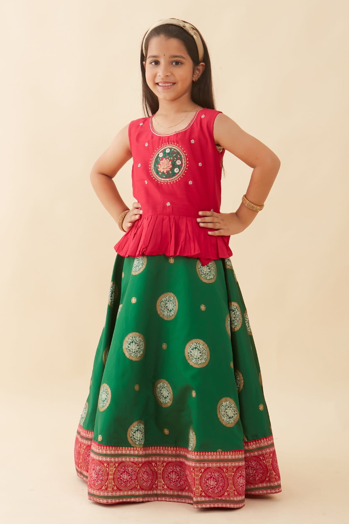Contemporary Lotus Embroidered & Printed Kids Skirt Set - Pink & Green