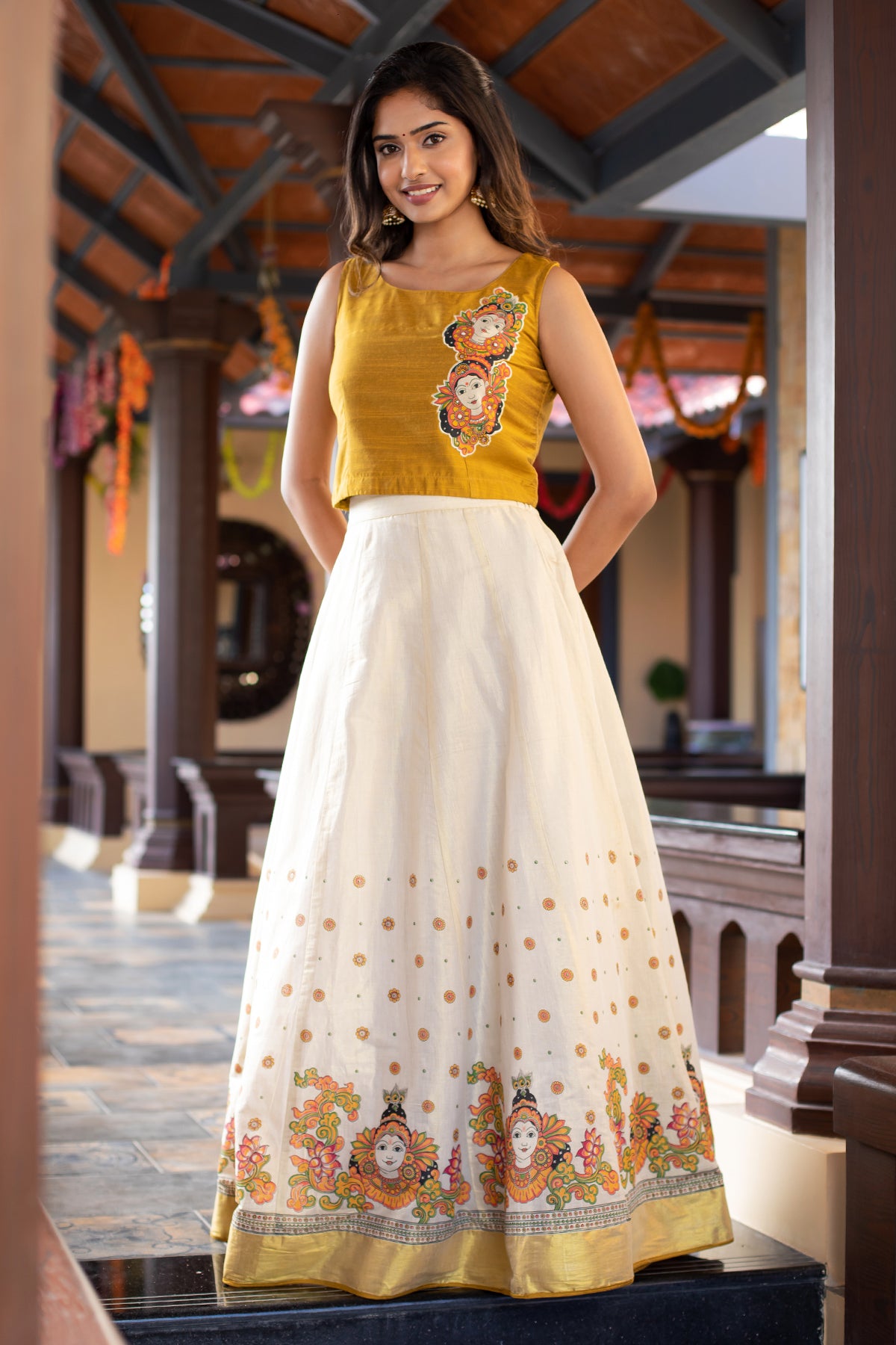 Mural Motif Placement Embroidered Crop Top & Printed Skirt Set - Mustard & Off-White
