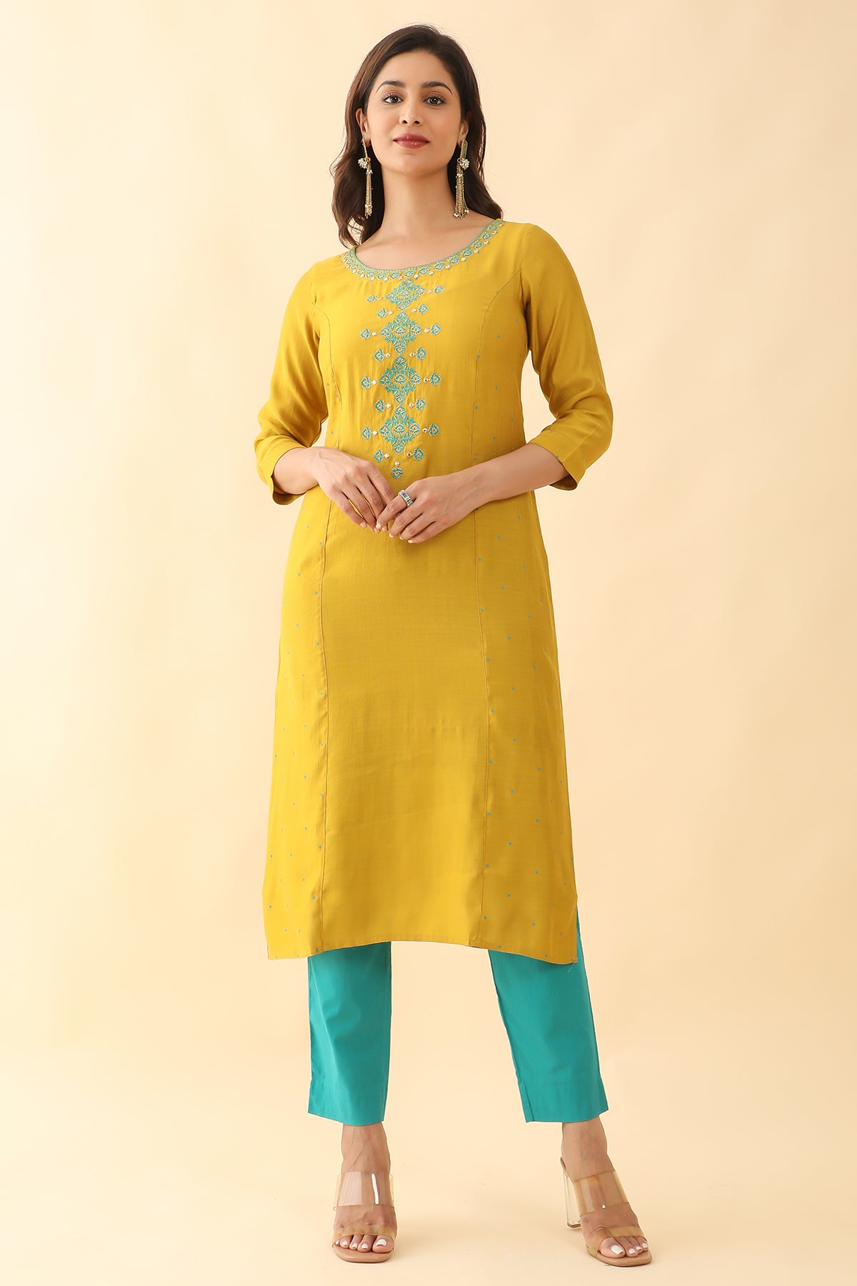 Contrast Floral Embroidered With Foil Mirror Embellished Kurta - Yellow