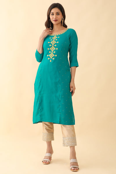 Contrast Floral Embroidered With Foil Mirror Embellished Kurta Blue