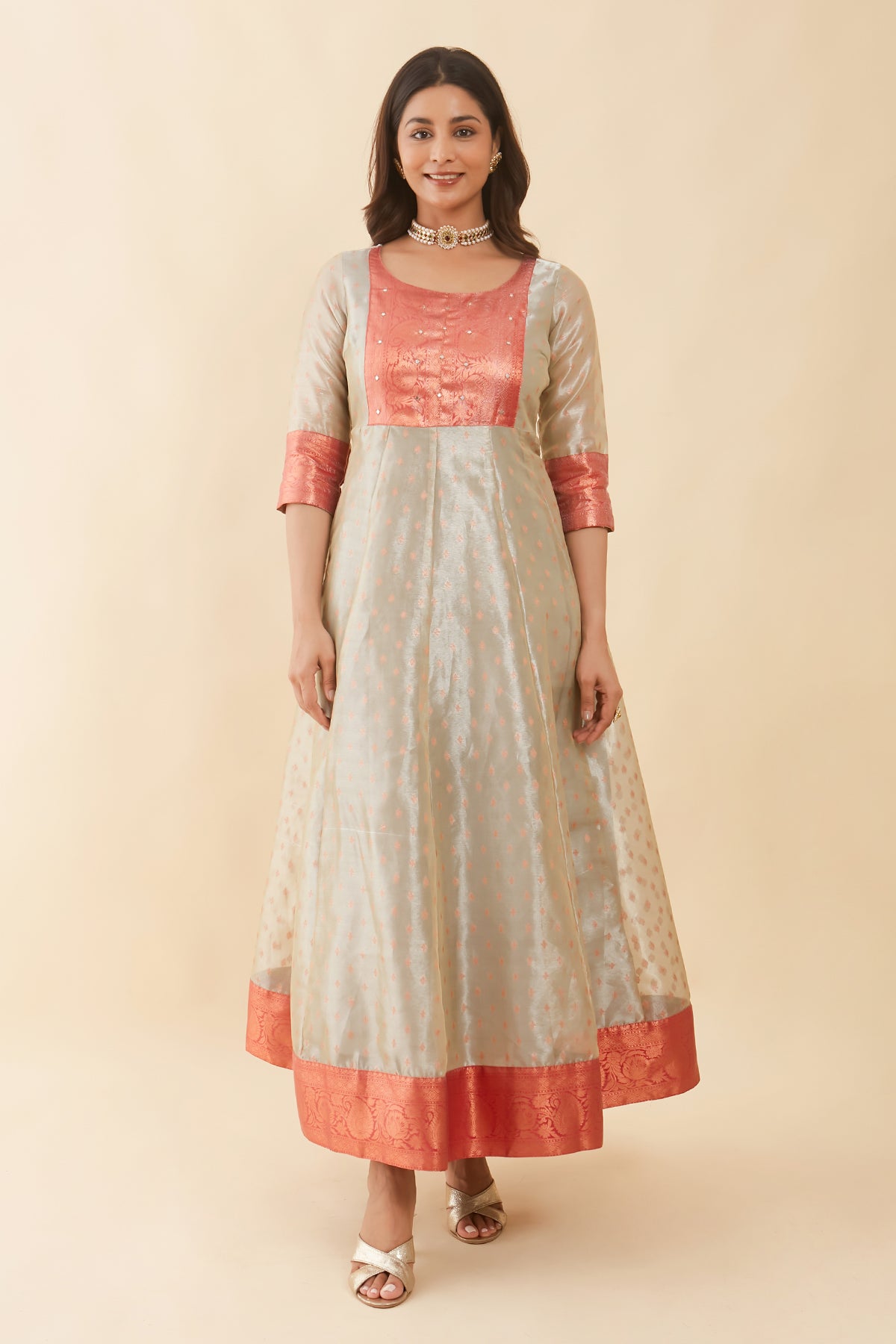 All Over Floral Weave With Brocade Yoke Anarkali Metallic