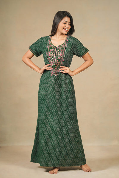 Floral Embroidered Yoke With Allover Geometric Printed Nighty - Green