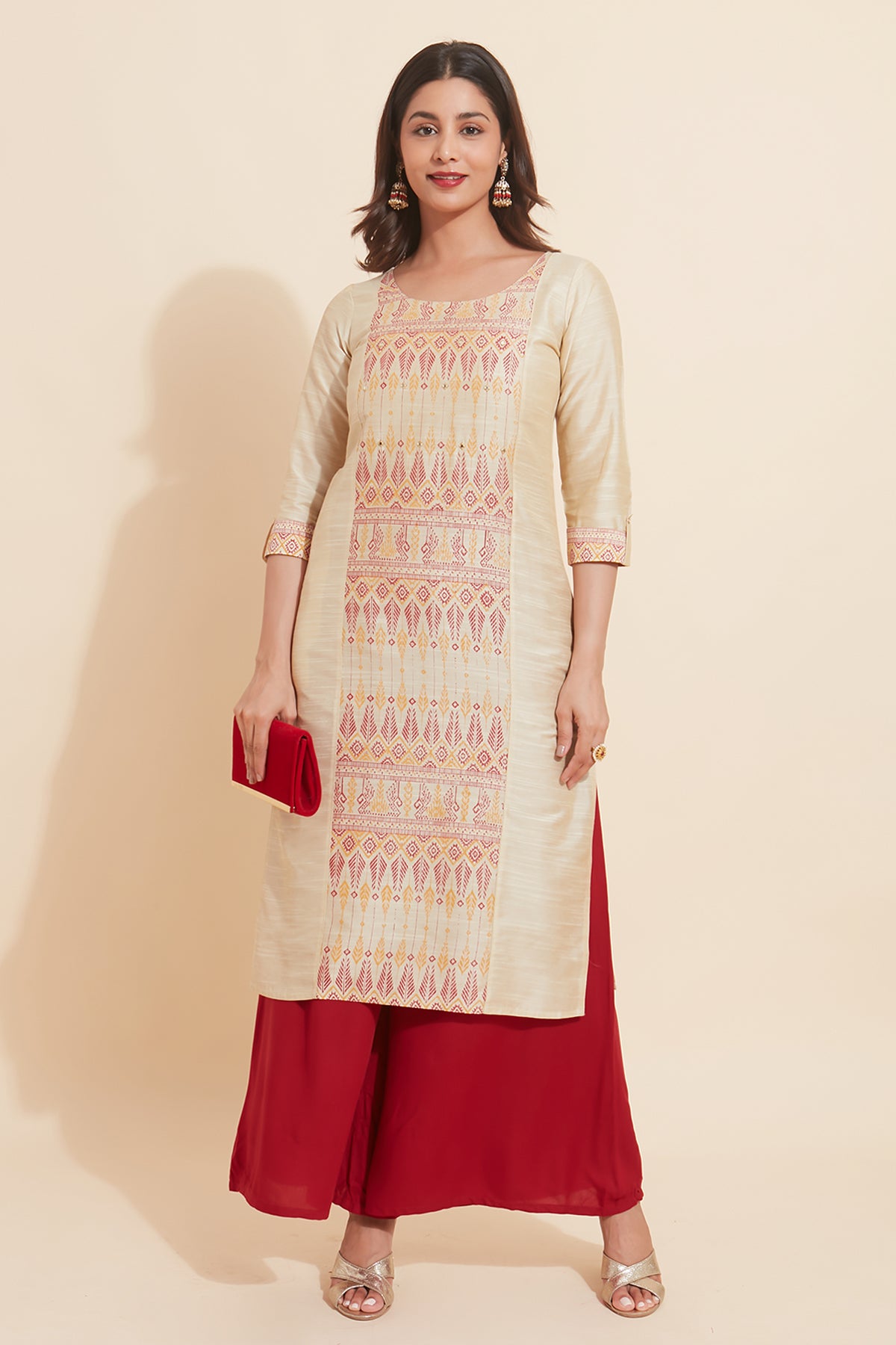 Ikkat Printed With Foil Mirror Embellished Kurta Beige