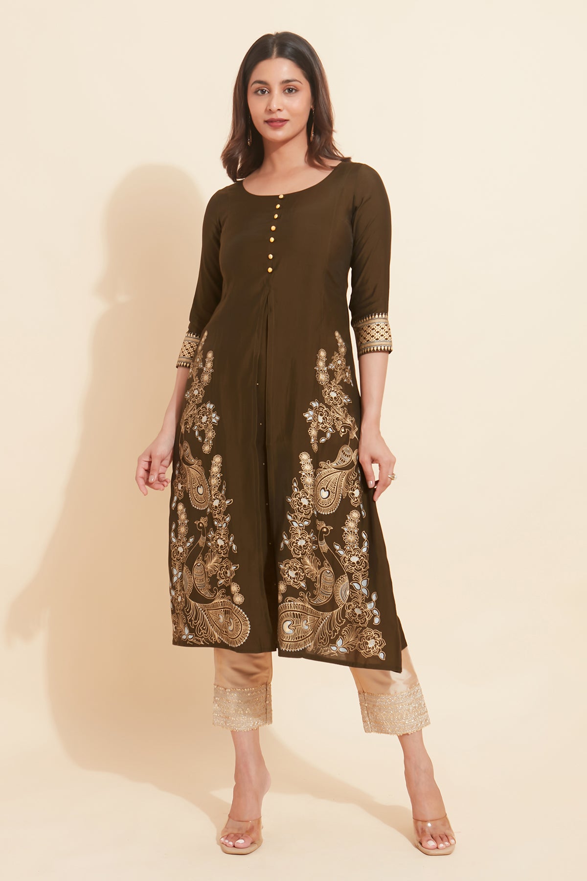 Peacock Motif Printed With Front Slit Kurta Green