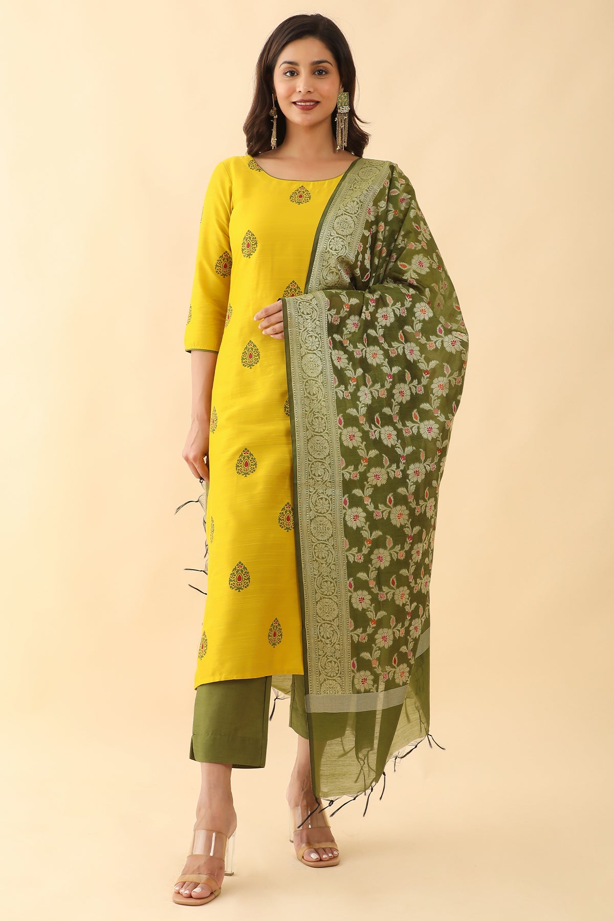 All Over Floral Motif Printed Kurta Set With Banarasi Dupatta Yellow Green