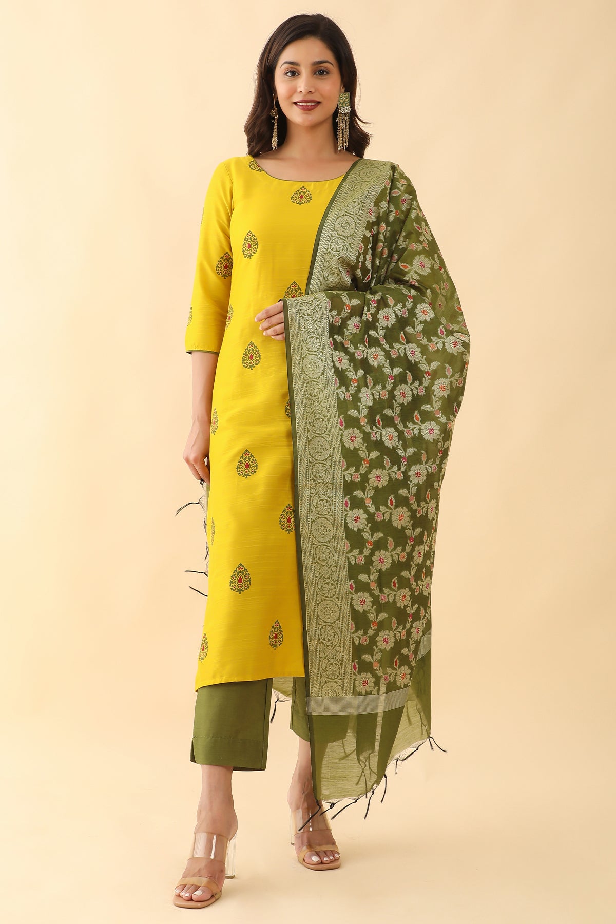 All Over Floral Motif Printed Kurta Set With Banarasi Dupatta - Yellow & Green
