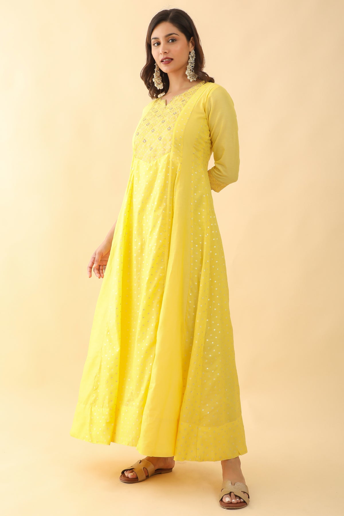 All Over Floral Weave With Brocade Yoke Anarkali Yellow