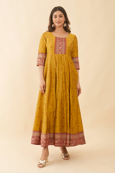 All Over Lotus Printed Anarkali With Contemporary Border - Mustard