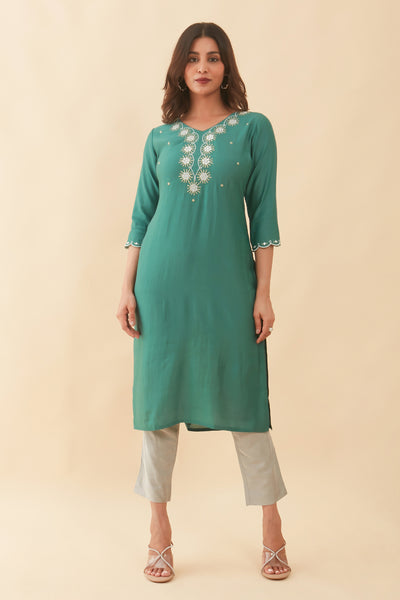 Floral Embroidered With Foil Mirror Embellished Kurta Green