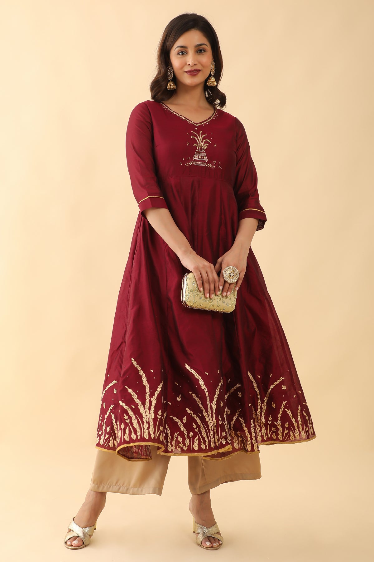 Nellunirapara Motif Embroidered Printed A Line Kurta Maroon