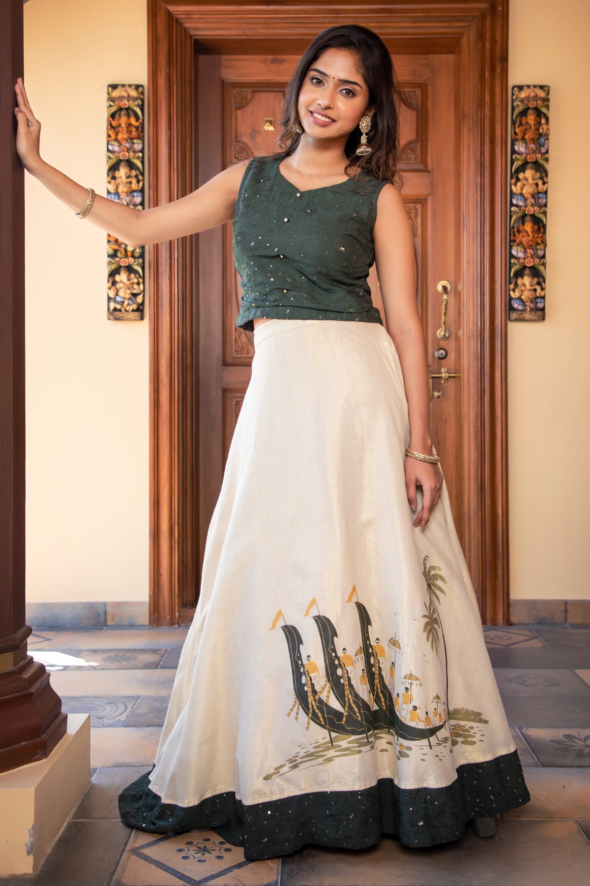 Floral Motif Embroidered With Sequin Crop Top Vallam Kali Printed Skirt Set Green Off White