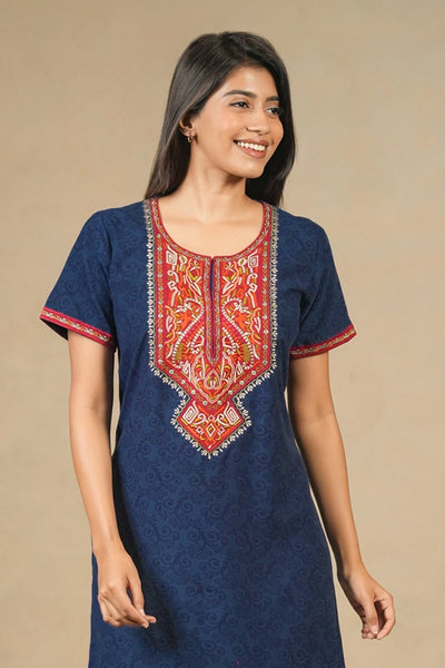 Geometric Embroidered Yoke With Floral Printed Nighty Blue