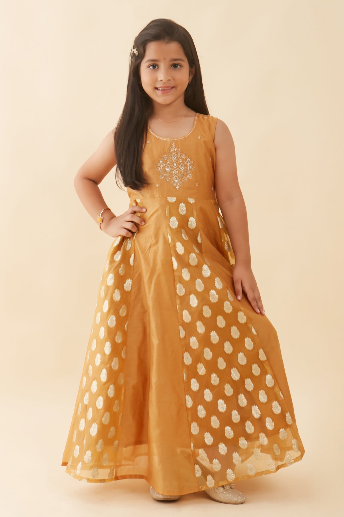 Floral Embroidered With Brocade Panel Anarkali - Mustard